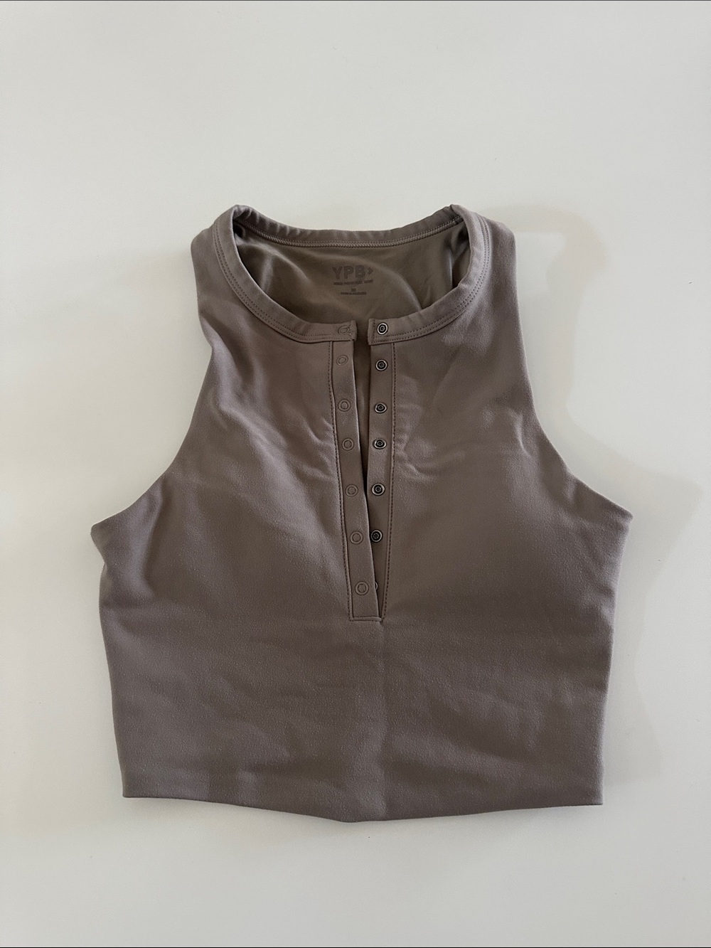 High-Neck Snap Henley Crop Top in Taupe